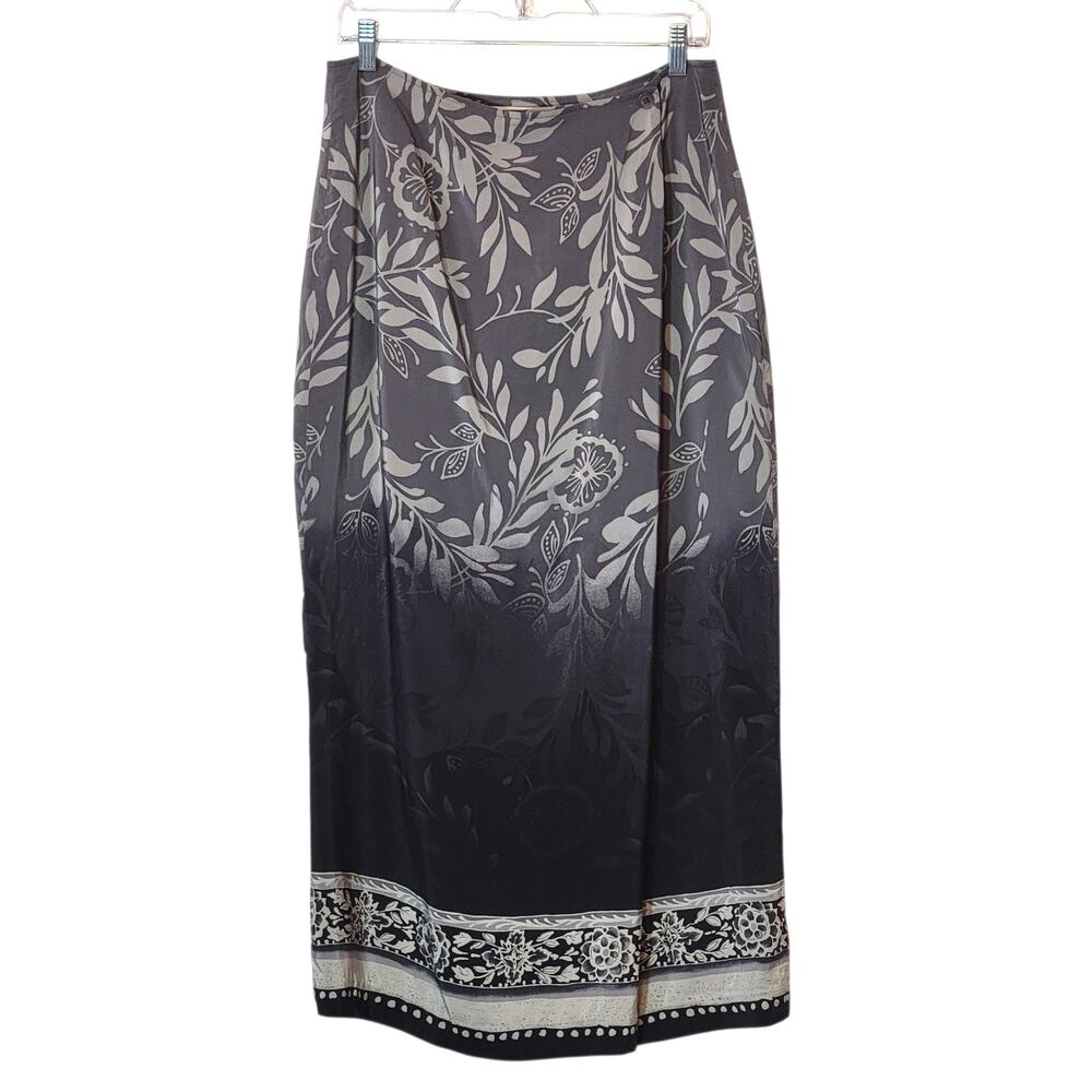 Jessica Holbrook Silk Wrap Front Pencil Midi Skirt Ombre Leaf Print Gray Size 14